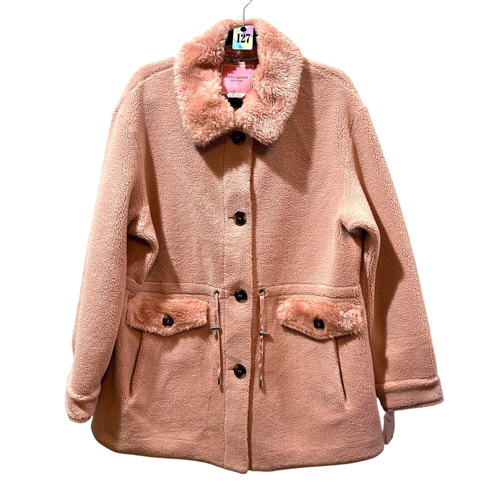 Kate Spade Faux Fur Anorak Button Front Coat Peony Women XL NWT Preppy - Picture 3 of 10